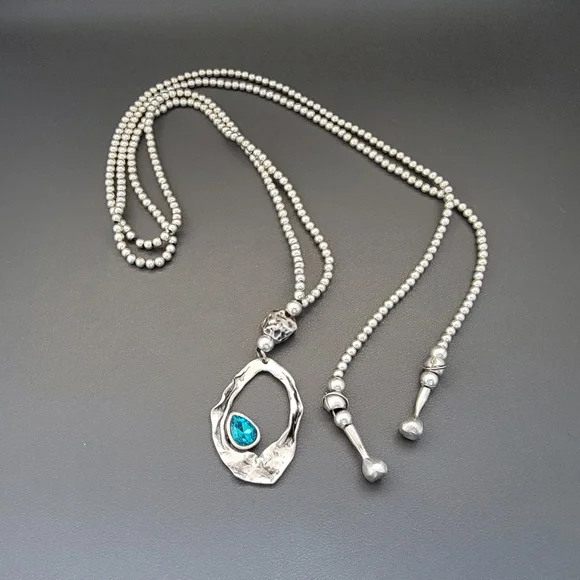 Pewter-Tone Silver-Plated Lariat Necklace with Aqua Crystal - Picture 6 of 8